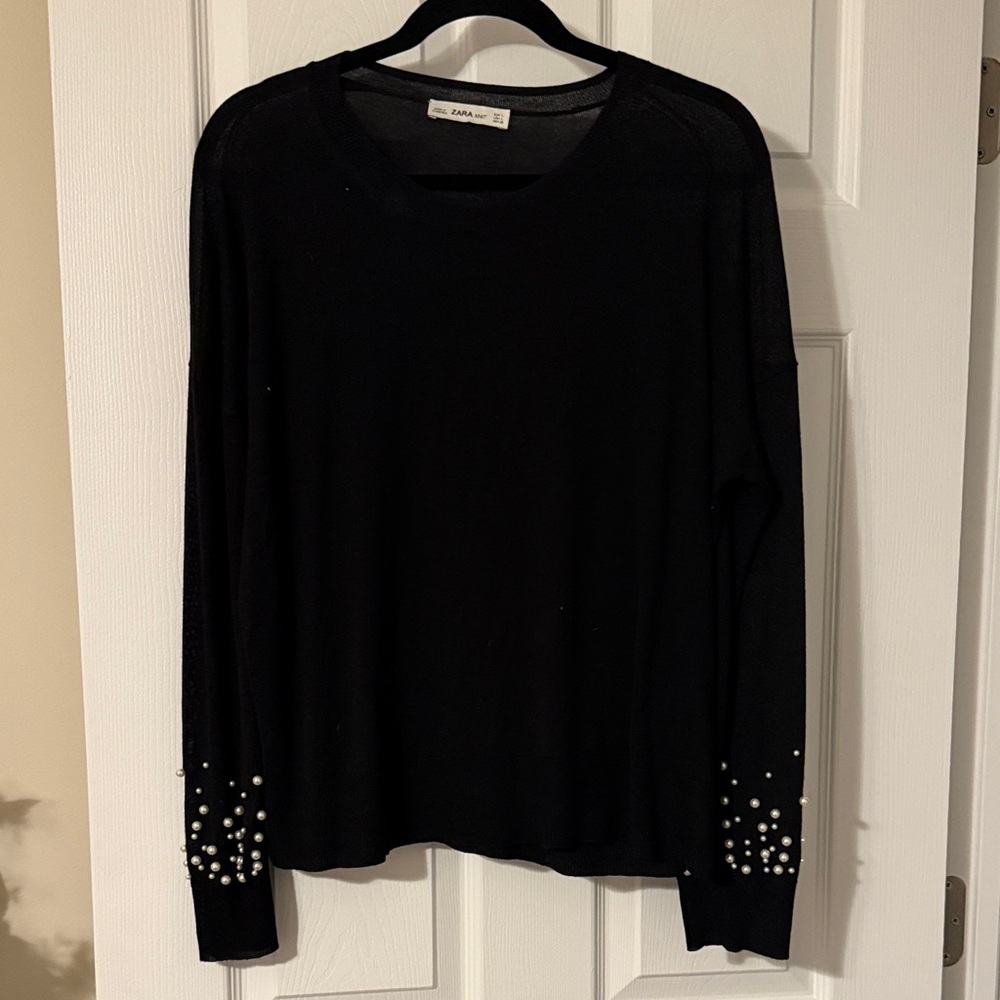 Zara Knit Black Long Sleeve Top with Pearl Details